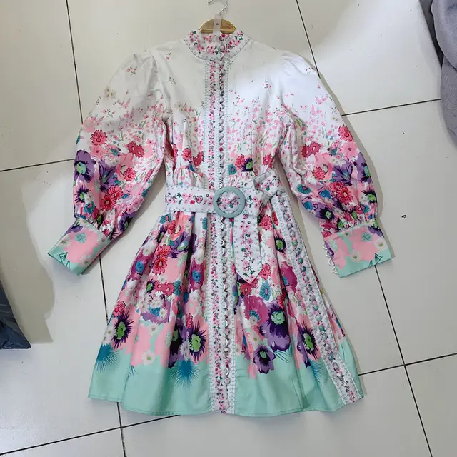 Tie Dye Print Stand Collar Single Breasted Balloon Sleeve Slim Fit Dress Pink - Shop at LoveMi