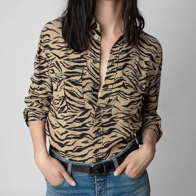 French Women's Early Autumn Tiger Pattern Pocket Long sleeved Shirt Camel - Shop at LoveMi