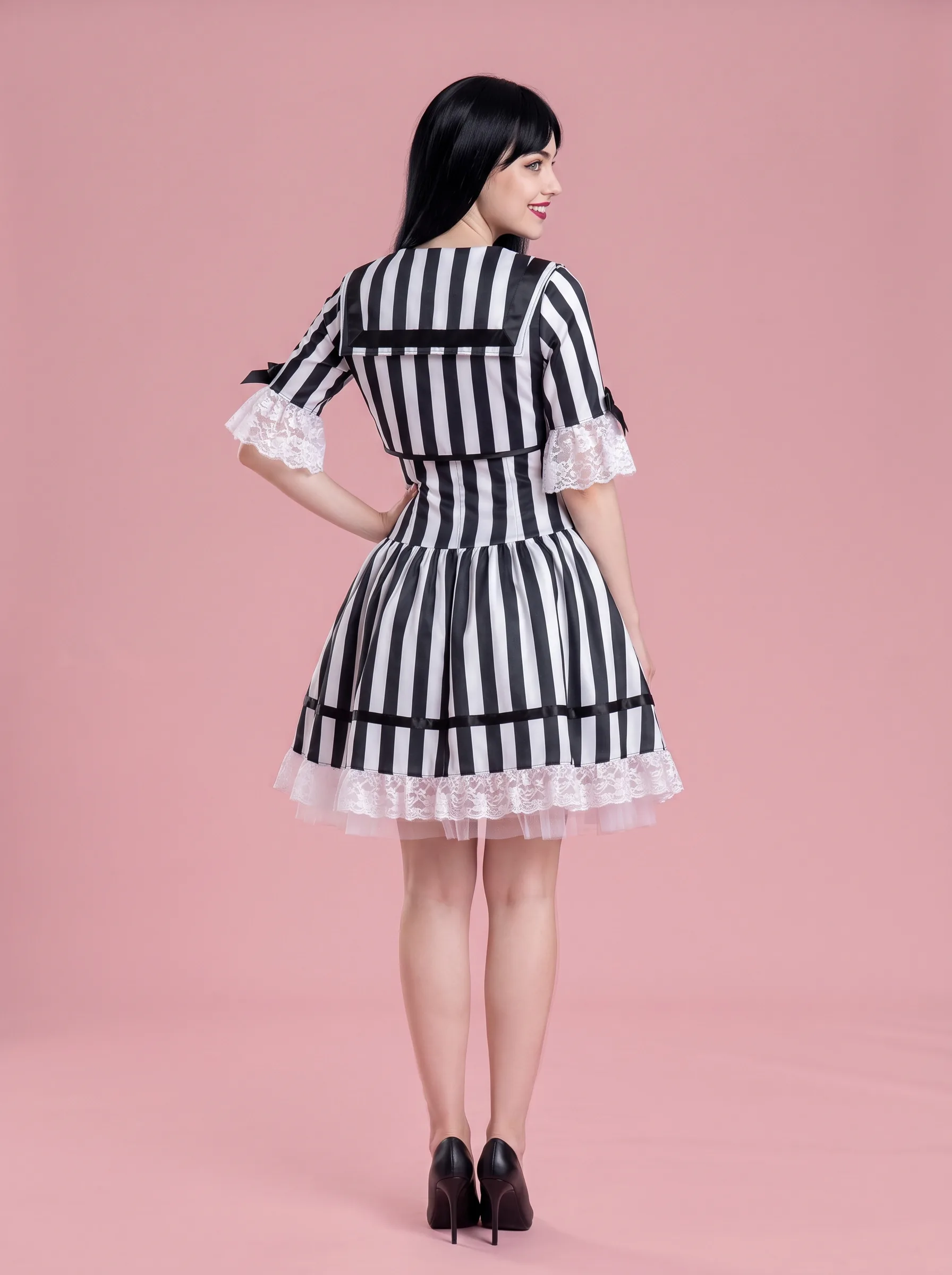 Striped Gothic Halloween Costume Dress for Women - Black and White - View 2