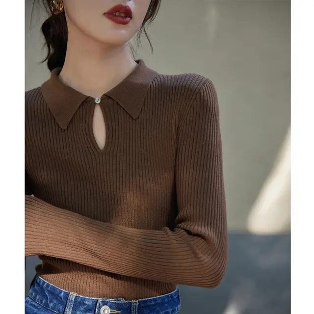 Women's Drop Collar Knitted Bottoming Sweater Coffee - Shop at LoveMi