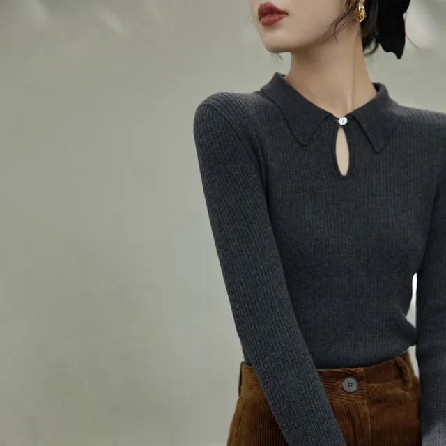 Women's Drop Collar Knitted Bottoming Sweater Grey - Shop at LoveMi