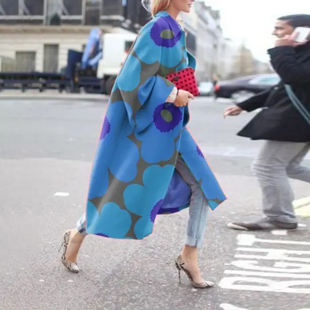 Women's Long Flared Sleeve Printed Loose Trench Coat - Blue