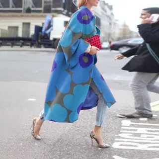 Women's Long Flared Sleeve Printed Loose Trench Coat - Blue