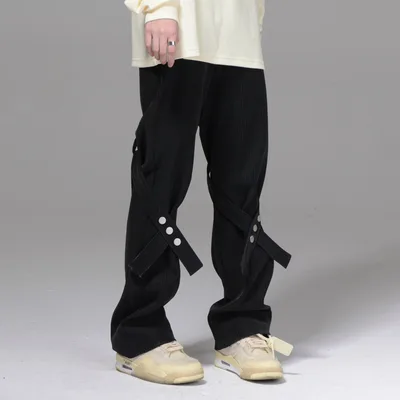 Women's PU Leather Button Tie Flared Casual Pants Black - Shop at LoveMi