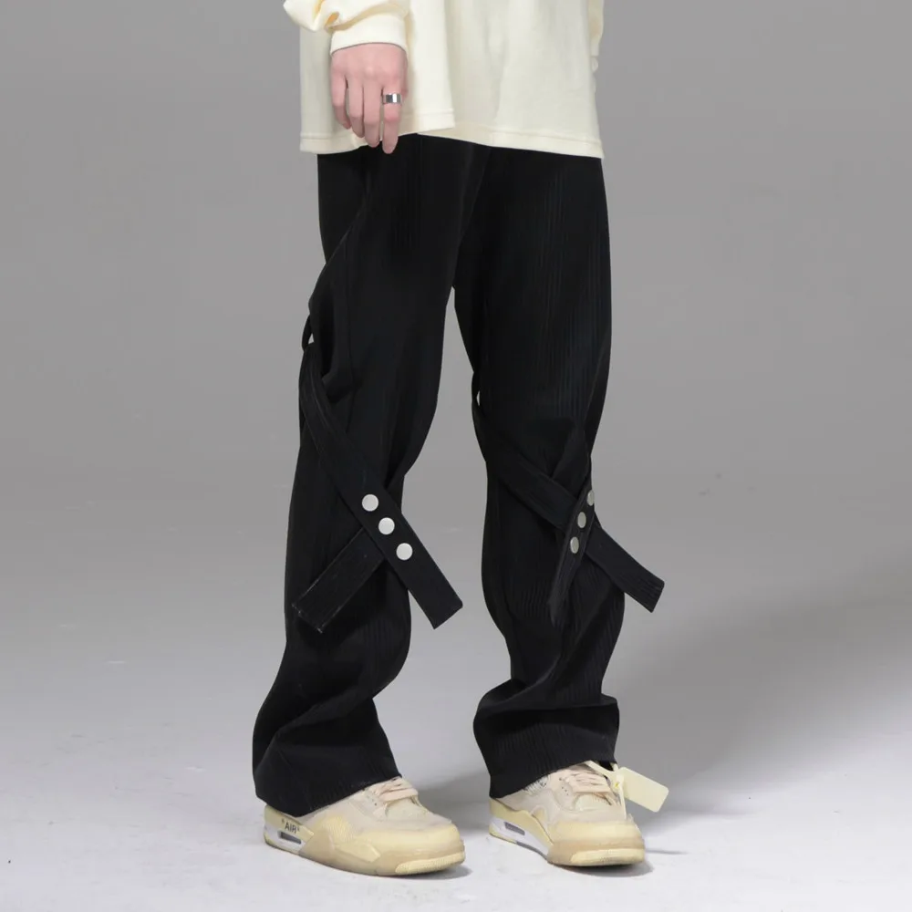 Women's PU Leather Button Tie Flared Casual Pants Black - Shop at LoveMi