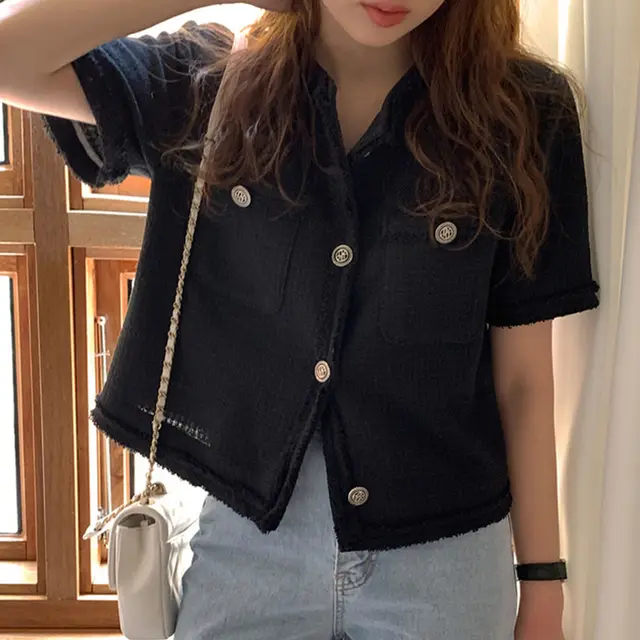 Women's French Crew Neck Loose Short Sleeve Woolen Jacket Black - Shop at LoveMi