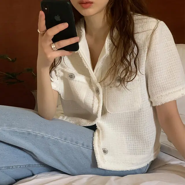 Women's French Crew Neck Loose Short Sleeve Woolen Jacket White - Shop at LoveMi