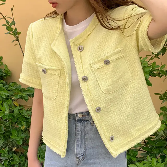 Women's French Crew Neck Loose Short Sleeve Woolen Jacket Yellow - Shop at LoveMi