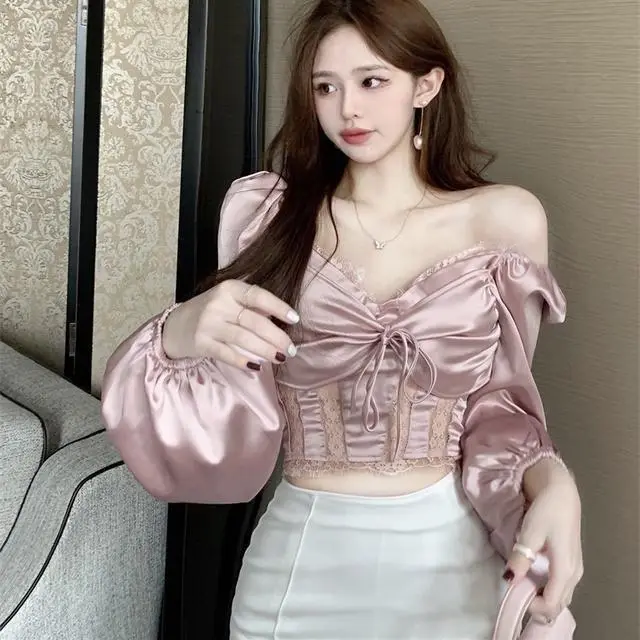 French Lace Shirt Women's Satin Niche Short Long Sleeve Top Pink With Chest Pads - Shop at LoveMi