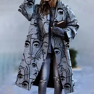 Colorblock Checked Long Sleeve Lapel Printed Jacket Wool Coat - Grey