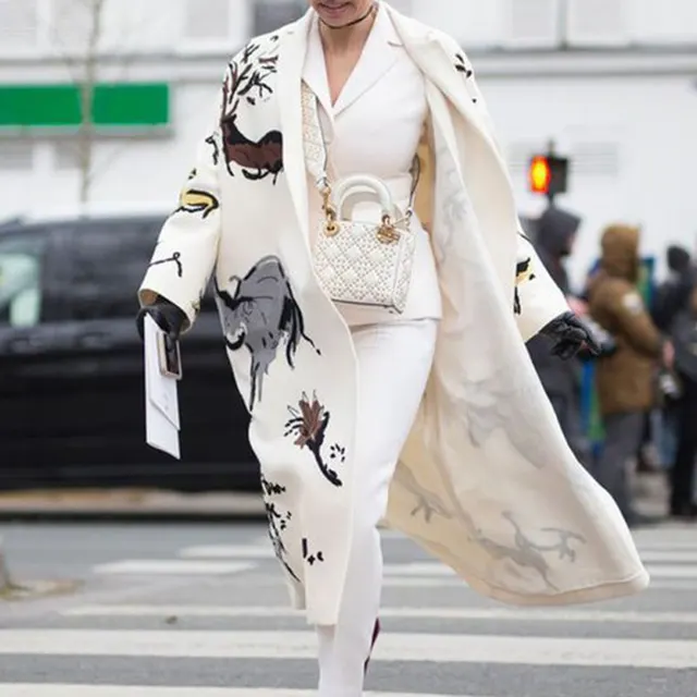 Autumn And Winter Printed Loose Coat Fashion Casual Woolen Coat Women White - Shop at LoveMi