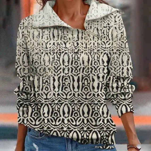 New Women's Digital Print Zippered Slanted Collar Loose Sweater 4Color - Shop at LoveMi