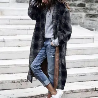 Women's Plaid Long Coat Warm Women's Coat - Black