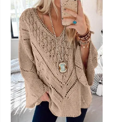Women's Solid Color Cutout V Neck Flared Sleeve Knit Sweater Khaki - Shop at LoveMi