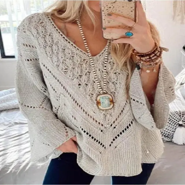 Women's Solid Color Cutout V Neck Flared Sleeve Knit Sweater Light Grey - Shop at LoveMi
