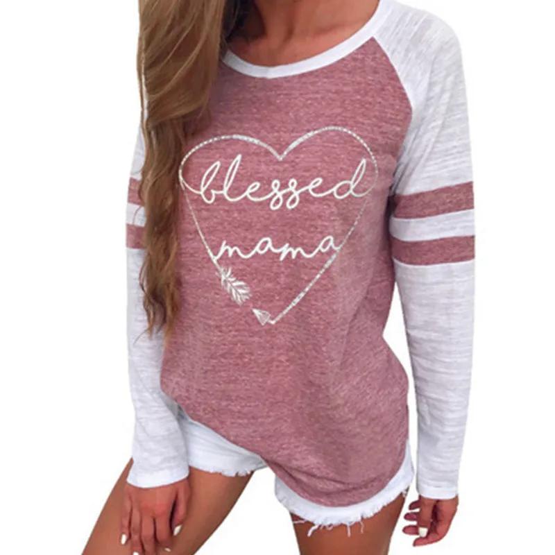 Printed Patchwork Assorted Colors Round Neck Long Sleeve T shirt Pink - Shop at LoveMi