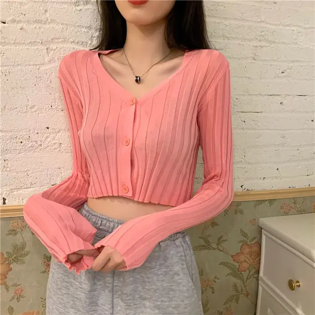 Solid Color V Neck Knit Button Cardigan Short Long Sleeves Pink - Shop at LoveMi