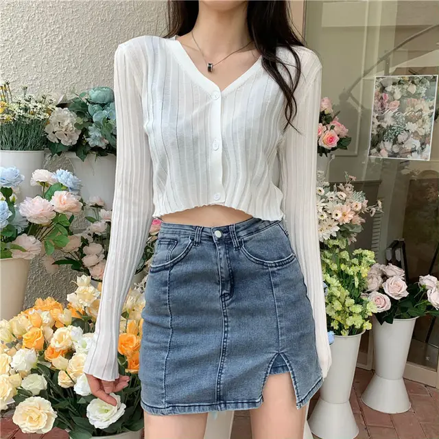 Solid Color V Neck Knit Button Cardigan Short Long Sleeves White - Shop at LoveMi