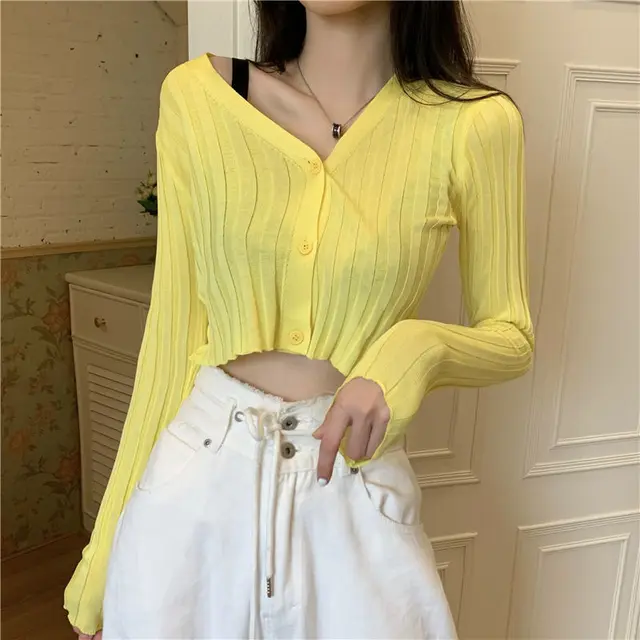 Solid Color V Neck Knit Button Cardigan Short Long Sleeves Yellow - Shop at LoveMi
