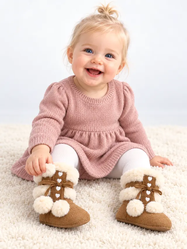 Baby Girl Brown Snow Booties with Pom Poms Brown - Shop at LoveMi