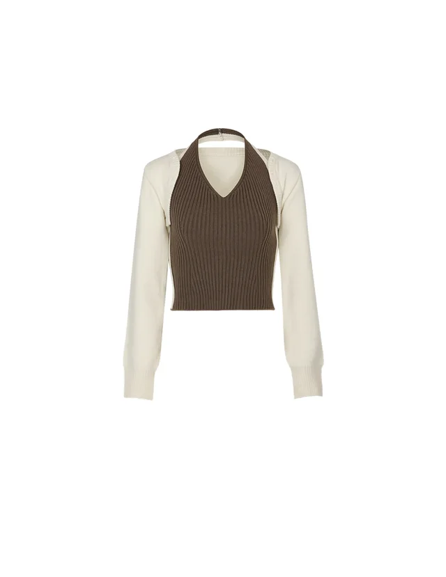 Long Sleeve Cardigan Cropped Knit Sweater Two Piece Set Khaki - Shop at LoveMi