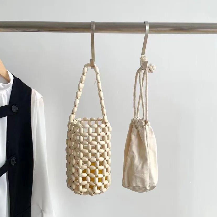 Women's Vintage Versatile Wooden Bead Woven Hollow Bag Beige - Shop at LoveMi