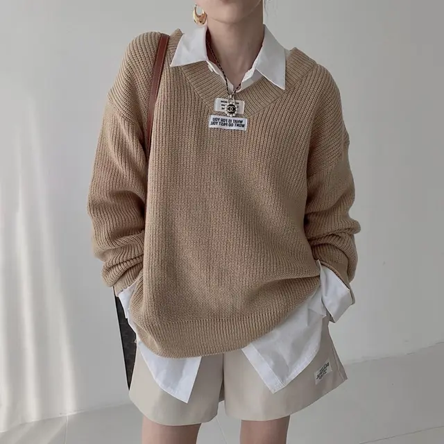 Women's Korean Style Casual V neck Loose Pullover Sweater Khaki - Shop at LoveMi