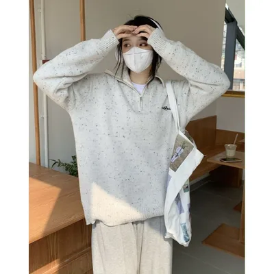 Gentle College Polka Dot Embroidery POLO Collar Knit Sweater Women Apricot - Shop at LoveMi