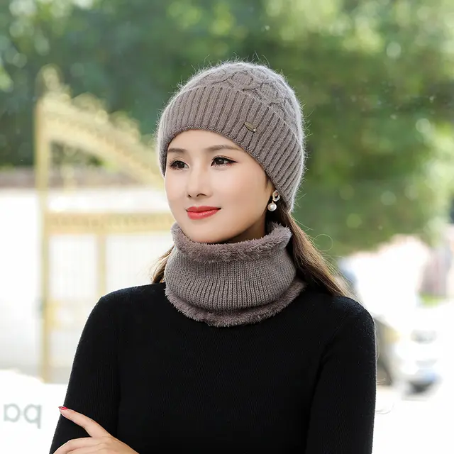 Women's Fleece Warm Wool Hat Scarf Suit Khaki - Shop at LoveMi