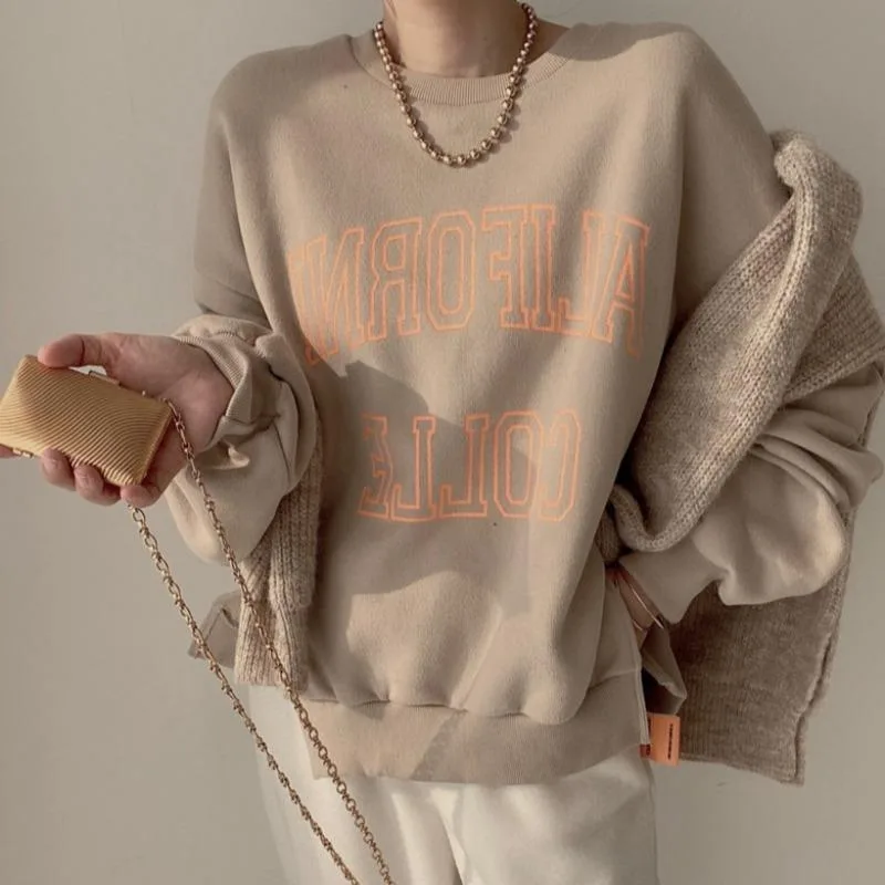 Versatile Western Alphabet Print Slit Sweatshirt Khaki - Shop at LoveMi