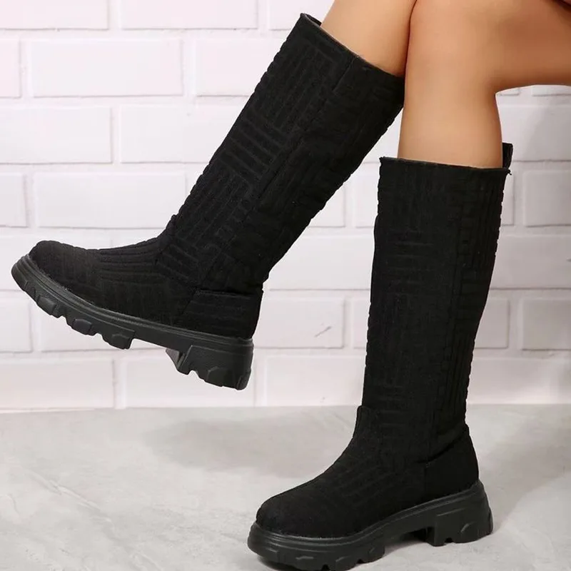 Mid Calf Boots Fashion Platform Western Boots Women Autumn Winter Shoes - Black