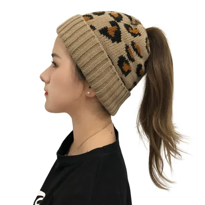 Autumn And Winter New Leopard Print Knitted Beanie Camel - Shop at LoveMi