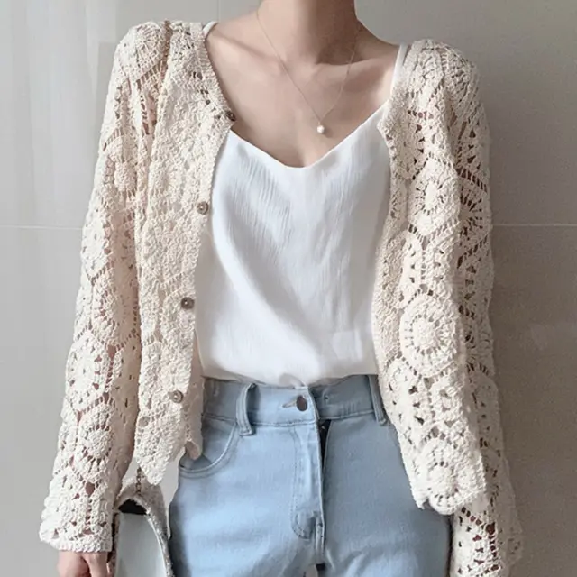 Crochet Lace Shirt Loose Sun Protection Long Sleeves Apricot - Shop at LoveMi