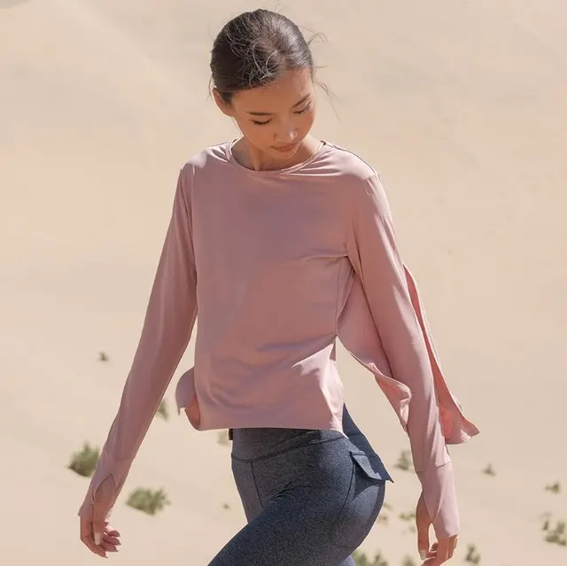 Ladies Nylon Long Sleeve Breathable T Shirt Blouse Pink - Shop at LoveMi