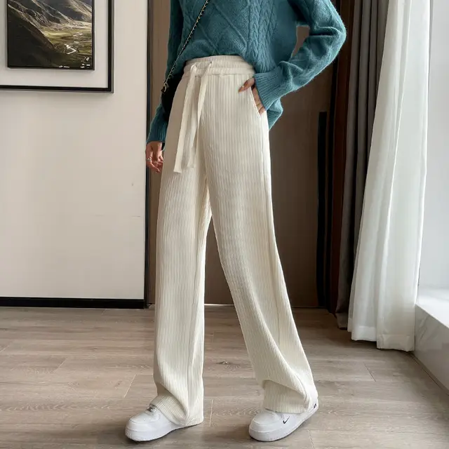 Women's Fashion Simple Solid Color Elastic Waist Tie Wide Leg Pants Beige - Shop at LoveMi