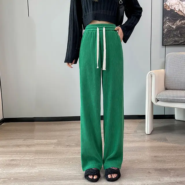 Women's Fashion Simple Solid Color Elastic Waist Tie Wide Leg Pants Green - Shop at LoveMi