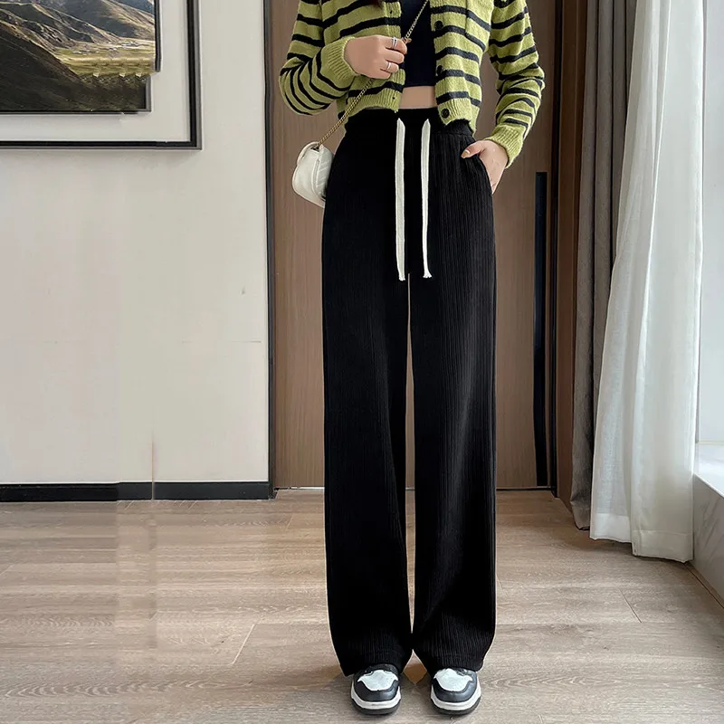 Women's Fashion Simple Solid Color Elastic Waist Tie Wide Leg Pants Black - Shop at LoveMi