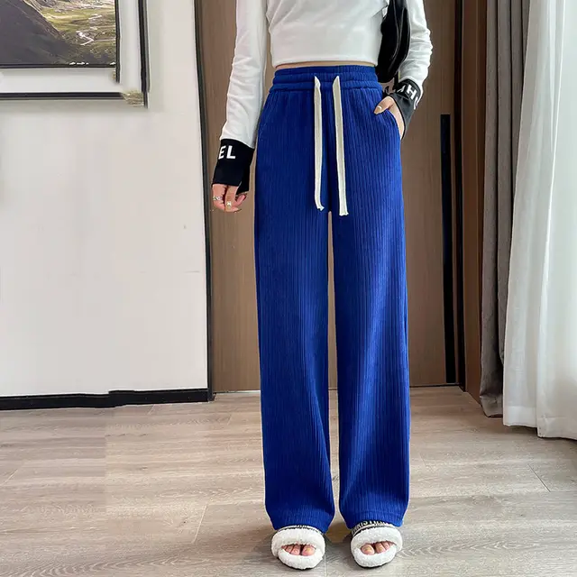 Women's Fashion Simple Solid Color Elastic Waist Tie Wide Leg Pants Klein Blue - Shop at LoveMi