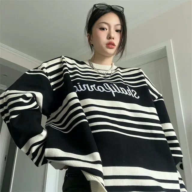 Women's Loose Japanese Style Retro Striped Sweater White - Shop at LoveMi