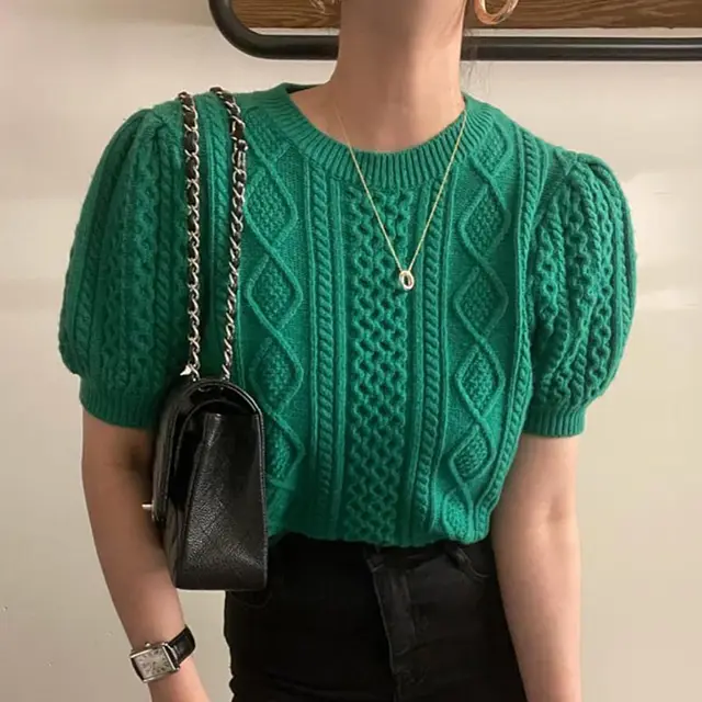 Women's Puff Sleeve Short Knitted Sweater Green - Shop at LoveMi