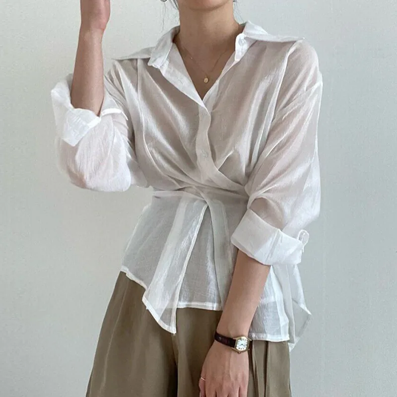 Irregular Lace-up Waist Thin Long-sleeved Sunproof Shirt Top - White - View 1