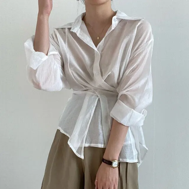 Irregular Lace up Waist Thin Long sleeved Sunproof Shirt Top White - Shop at LoveMi