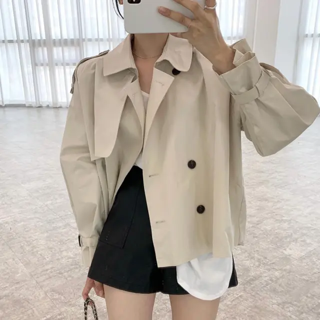 Double breasted Loose Cropped Long sleeve Work Trench Coat Khaki - Shop at LoveMi