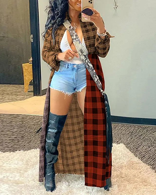 Fashion Casual Color Matching New Long Plaid Coat Shirt Brown - Shop at LoveMi