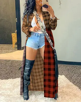 Fashion Casual Color Matching New Long Plaid Coat Shirt - Brown