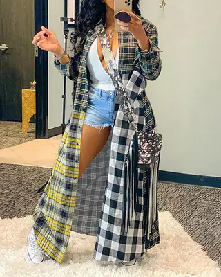 Fashion Casual Color Matching New Long Plaid Coat Shirt - Yellow