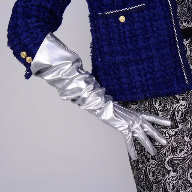 Patent Leather Long Gloves 50cm Large Sleeves Puff Sleeves - Leather Silver
