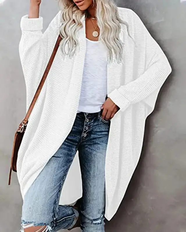 Lapel Solid Color Long Knit Cardigan Pocket Long Sleeve Jacket - White