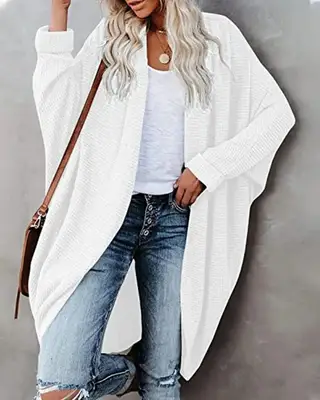 Lapel Solid Color Long Knit Cardigan Pocket Long Sleeve Jacket - White