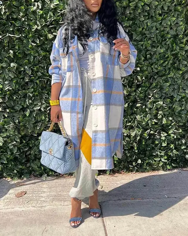 Women's Mid-length Casual Fashion Plaid Single-breasted Coat - Blue